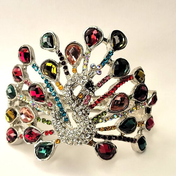 Silver Peacock Cuff Bracelet with Multicolored Crystal Stones - Picture 1 of 14